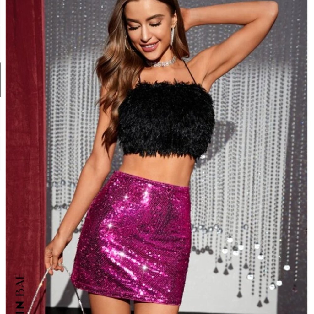 SHEIN Black and Pink Sequin Mini Skirt